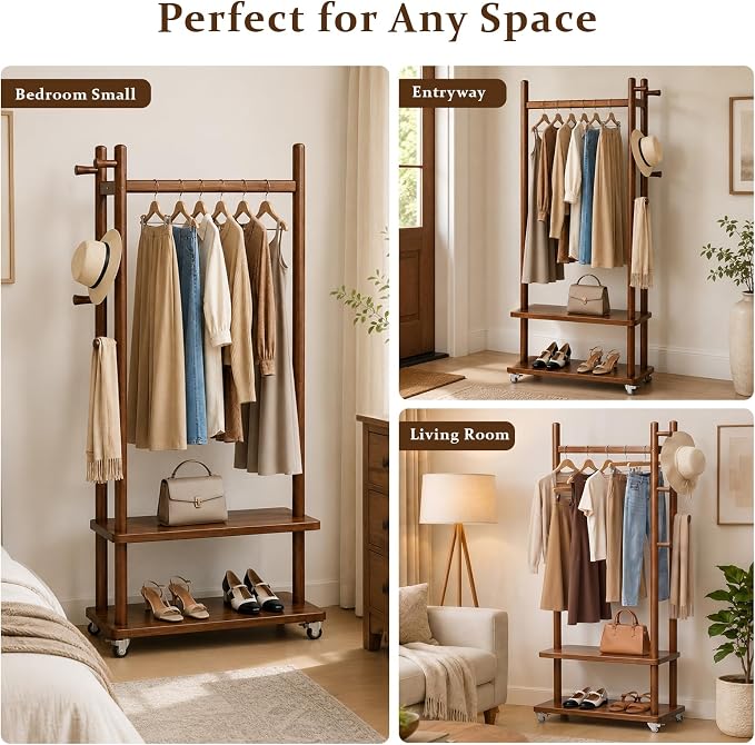 Solid Wood Coat Rack Freestanding, Coat Rack Stand with 2 Shelves & 4 Hooks, Coat Tree for Entryway, Hallway, Bedroom, Living Room, Office - Clothing Rack for Coats, Hats, Bags (Walnut-L-Wheel)