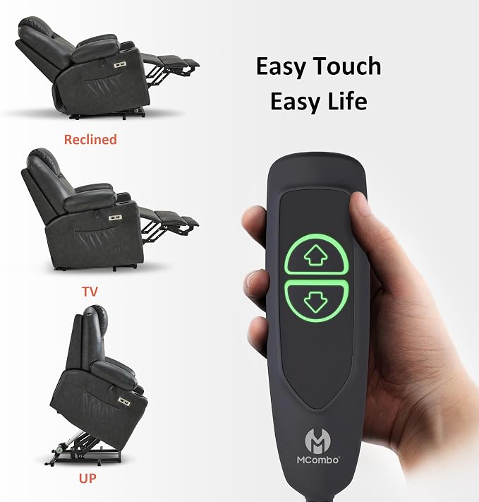 MCombo Power Lift Recliner Chair for Elderly, Lift Chair with Heat and Massage, FSC Certified, USB Ports, Cup Holders, Faux Leather 7141 (Grey, Small)
