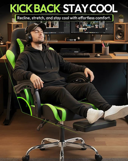 Dowinx Ergonomic Gaming Chair with Footrest & Massage Lumbar, 2D-Linkage Armrests for Computer Chair 330lbs with Headrest Pillow for Office, Home, Streaming and Long Gaming Sessions, Green