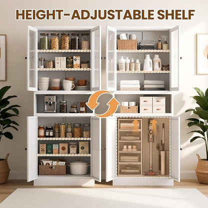 Metal Pantry Cabinet, 72" Kitchen Pantry Cabinet with 2 Doors and 4 Adjustable Shelves, White Steel Storage Cupboard for Dining, Office, Living Room, Bathroom