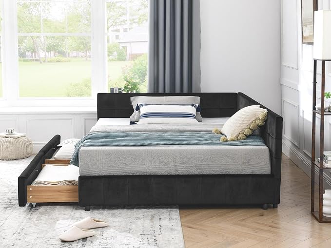KEIKI Full Size L Shape Corner Bed Frames with 2 Storage Drawer, Backrest and Armrests, Velvet Upholstered Sofa Daybed for Small Room, Living Room, Bedroom, Guest Room, Kids' Room