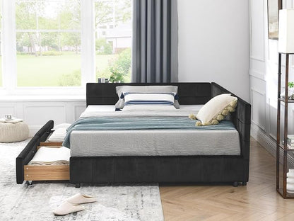 KEIKI Full Size L Shape Corner Bed Frames with 2 Storage Drawer, Backrest and Armrests, Velvet Upholstered Sofa Daybed for Small Room, Living Room, Bedroom, Guest Room, Kids' Room