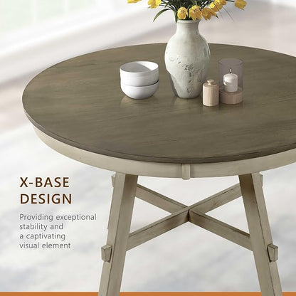 Lexicon 48 Inch Dia. Modern Round Dining Table, Wooden Kitchen Table, Seats for 4 People, Space Saving, for Kitchen, Dining Room, Two-Tone Finish (Greywash and Antique White)