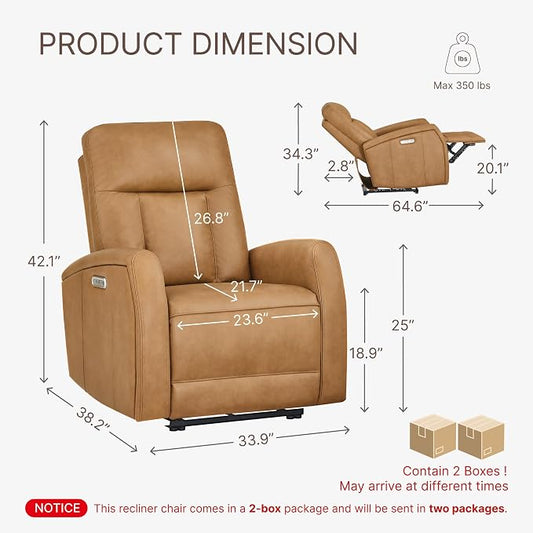 KISLOT Wall Hugger Power Recliner Chair with USB & Type-C Ports Faux Leather Recliner 135° Reclining Small Space Electric Sofa for RV Living Room Bedroom
