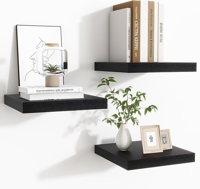 Fun Memories Floating Shelves for Wall - 9.3 Inch Square Shelves with Invisible Brackets, Black Small Wall Shelf for Living Room, Bathroom, Bedroom, and Kitchen Decor Black Set of 3
