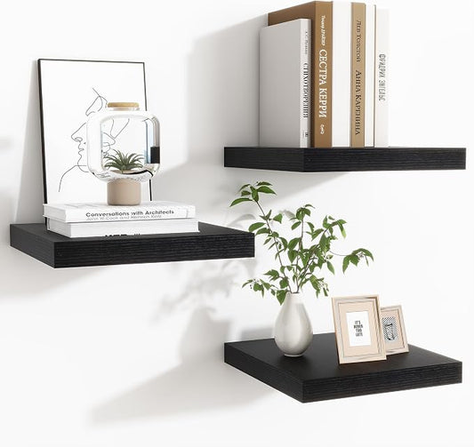 Fun Memories Floating Shelves for Wall - 9.3 Inch Square Shelves with Invisible Brackets, Black Small Wall Shelf for Living Room, Bathroom, Bedroom, and Kitchen Decor Black Set of 3