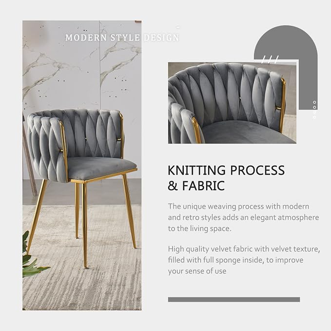 Velvet Dining Chairs Set of 4, Modern Upholstered Dining Room Chairs with Golden Metal Legs and Woven Backrest for Dining Room, Kitchen, Vanity, Living Room (Grey)