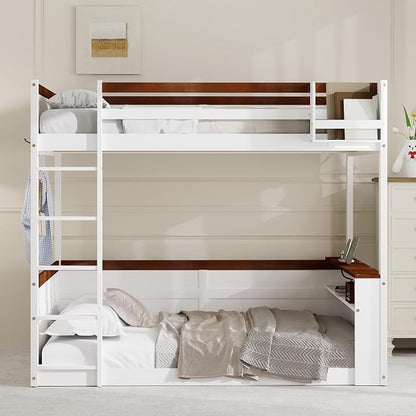 RUNNA Queen Bunk Bed with Shelves,Storage Box,LED,USB Charging,White | Queen bunk bed with shelves, storage box,LED light,USB charging, solid wood frame,guardrails,no box spring needed,white