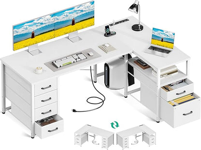 Coleshome L Shaped Computer Desk with 6 Fabric Drawers & Power Outlet, 55 Inch Corner Desk with Reversible Storage Shelf & File Drawer, Home Office Desk, White