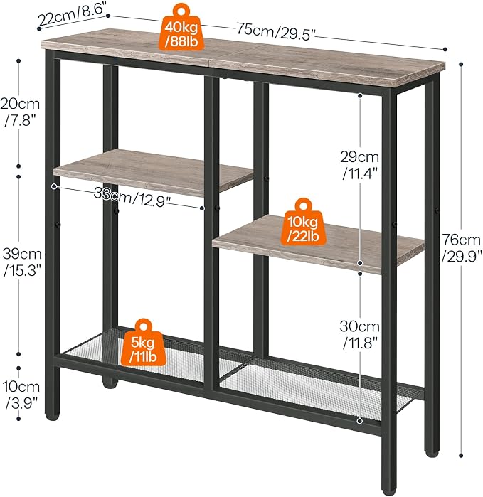HOOBRO Narrow Console Table, Sofa Table, 4-Tier Industrial Entryway Table with Metal Mesh Shelf, Hallway Table with Adjustable Feet, for Entryway, Living Room, Hallway, Greige and Black BG79XG01