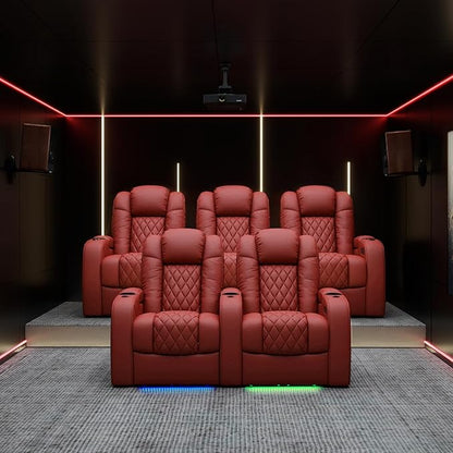 Weilianda Home Theater Seating Top Grain Leather Zero Gravity Recliner Chair Power Headrest Recline Movie Seat Gaming 7 Colors Mood Light Sofa with Tray Table USB Charge Row of 5 Red