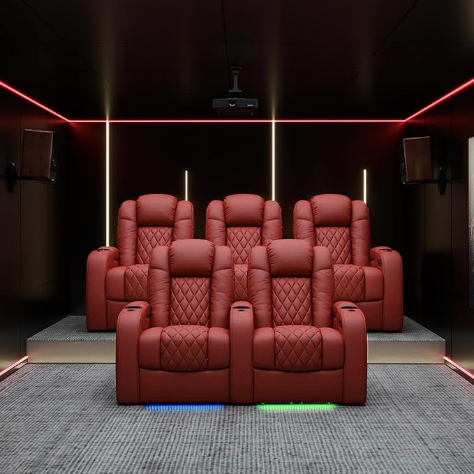 Weilianda Home Theater Seating Top Grain Leather Zero Gravity Recliner Chair Power Headrest Recline Movie Seat Gaming 7 Colors Mood Light Sofa with Tray Table USB Charge Row of 4 Loveseat Right Red