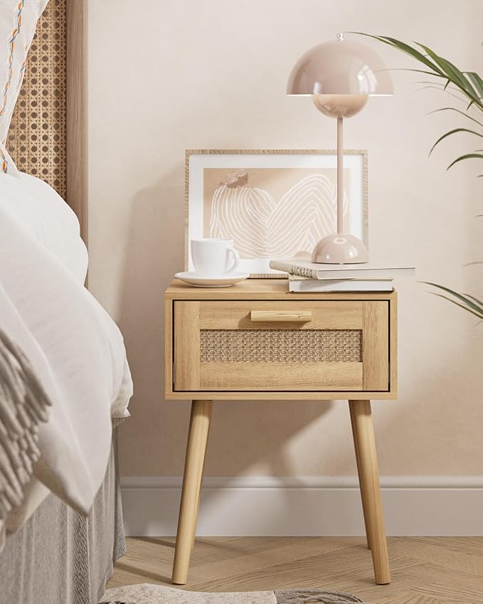 Aienvey Rattan Nightstand, Small Night Stand, Side Table with Drawer Open Shelf, Cane Accent Bedside End Table with Wood Legs, Bohemian Wood Nightstand for Bedroom, Oak (Bohemian)