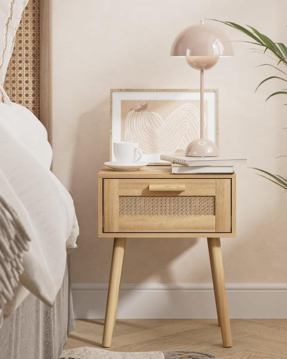 Aienvey Rattan Nightstand, Small Night Stand, Side Table with Drawer Open Shelf, Cane Accent Bedside End Table with Wood Legs, Bohemian Wood Nightstand for Bedroom, Oak (Bohemian)