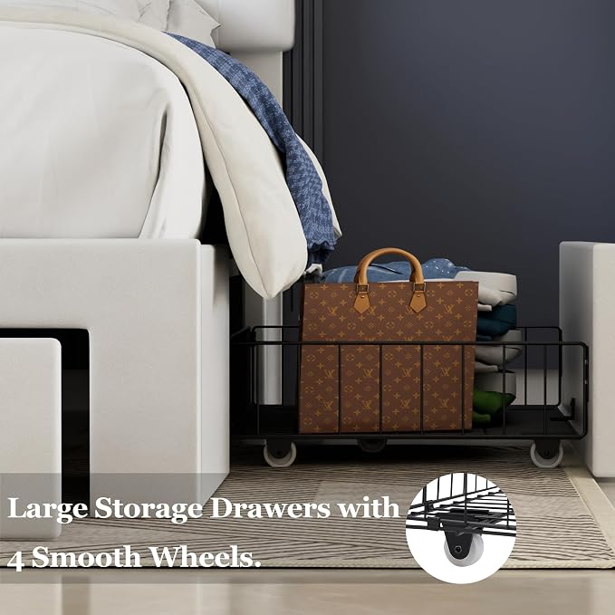 VECELO Queen Size Bed Frame with 3 Storage Drawers, Leather Upholstered with Diamond Tufted Headboard, Solid Wood Slat Support & Steel Framework, PU & White