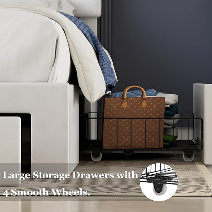 VECELO Queen Size Bed Frame with 3 Storage Drawers, Leather Upholstered with Diamond Tufted Headboard, Solid Wood Slat Support & Steel Framework, PU & White