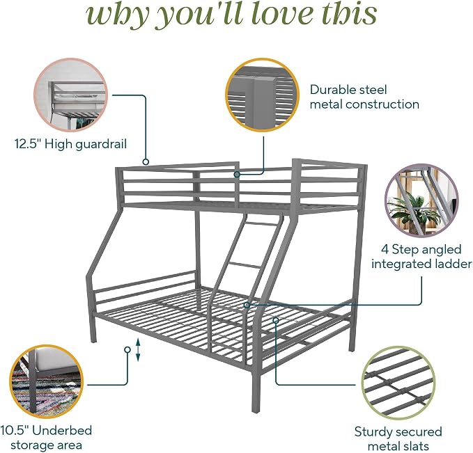 Novogratz Maxwell Metal Bunk Bed Frame for Kids and Teens, with Angled Ladder, High Guardrail and Metal Slats, No Boxspring Required, Underbed Storage Space, Twin-Over-Full, Gray