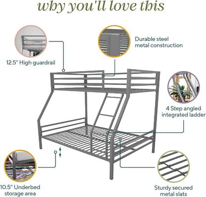 Novogratz Maxwell Metal Bunk Bed Frame for Kids and Teens, with Angled Ladder, High Guardrail and Metal Slats, No Boxspring Required, Underbed Storage Space, Twin-Over-Full, Gray