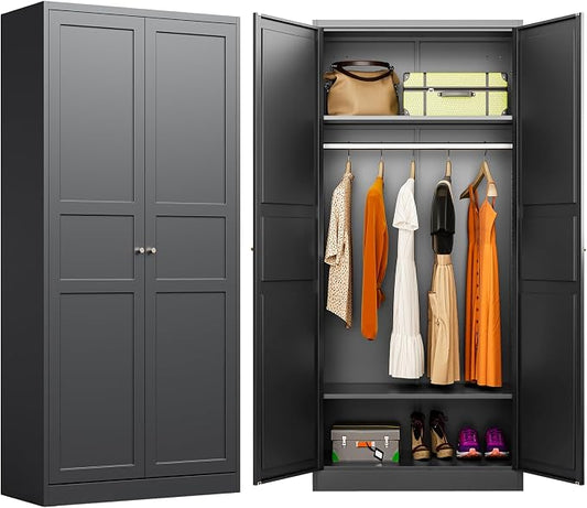 Metal Wardrobe Cabinet,Armoire Wardrobe Closet with doors,Black Metal Clothing Storage Cabinet with Adjustable Shelves and Hanging Rod,72" Cloth Storage Cabinets for Home,Bedroom Armoires,Laundry