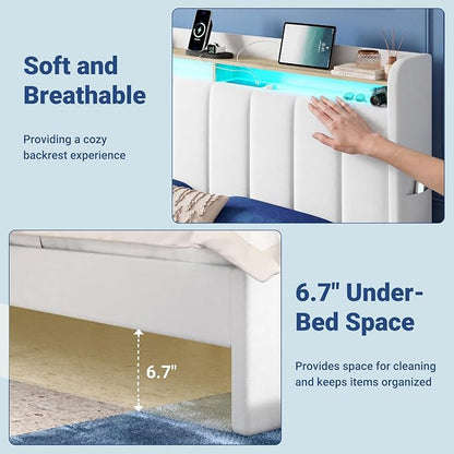 Allewie King Size Bed Frame with 2-Tier LED Storage Headboard, Velvet Upholstered King Platform Bed with 2 Storage Drawers, USB & Type-C Charging Ports, Noise-Free/No Box Spring Needed, White