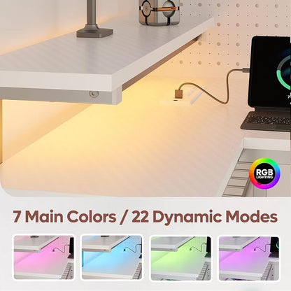 Bestier White Computer Desk with Charging Port & LED Strip,42 inch Modern Gaming Desk with Reversible Storage Shelves,Small L Shaped Desk with Hooks for Home Office