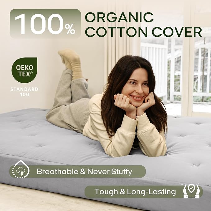 ZonLi Japanese Floor Futon Mattress Queen Size 80"x 60", 100% Cotton Cover 6'' Thicken Tatami Mattress, Foldable Sleeping Pad, Portable Dormitory Tatami Mat, Roll Up Floor Lounger Bed for Adult