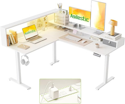 Agilestic L-Shaped Electric Standing Desk, 63x55 Inch Ergonomic Adjustable Height Desk with Storage, Stand Up Corner Desk Sit Stand Computer Table Power Outlet & LED Lights, Office Table, White