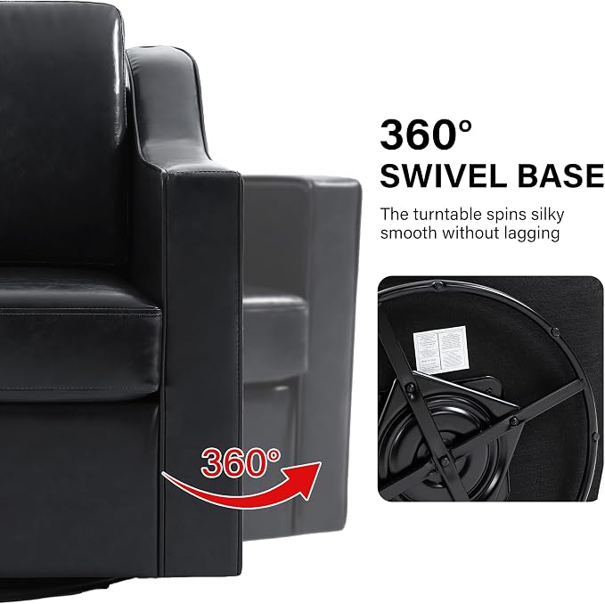 Swivel Accent Chair, Modern Round Barrel Arm Chair for Living Room, Bedroom, Comfy Club Reading Chairs for Adults (Leather Black, Set of 1)