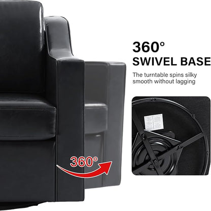 Swivel Accent Chair, Modern Round Barrel Arm Chair for Living Room, Bedroom, Comfy Club Reading Chairs for Adults (Leather Black, Set of 1)