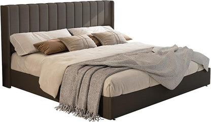 Jocisland King Size Lift Up Storage Bed Frame, Linen Upholstered Platform Bed with Vertical Channel Tufted Headboard and Wingback, Hydraulic System, No Box Spring Needed, Wood Slats Support, Dark Gray