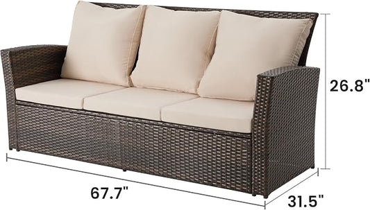 Wisteria Lane All Weather Wicker Patio Couch, 3 Seats Patio Sofa with Thick Cushions, Outdoor Furniture Couch with High Back, Outdoor Patio Sofa for Garden, Backyard, Porch, Beige