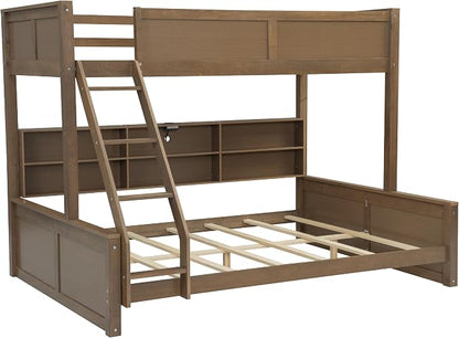 RUNNA Twin XL Over Queen Bunk Bed with Storage,USB Ports,Wood | Twin XL over queen bunk bed with storage cabinets, USB, solid pine wood, guardrails, no box spring needed,Wood