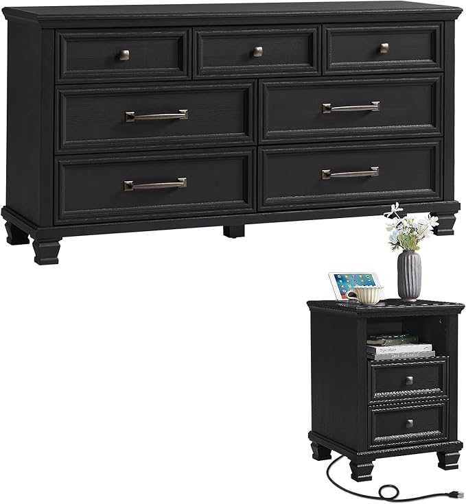 SAVOR LIFE Farmhouse Dresser and Nightstand Sets 2 Piece, 7 Drawer Dresser & 2 Drawer Nightstand Set, Rustic Wood Bedroom Furniture Set for Home, Bedroom, Hallway, Black