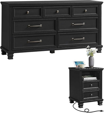 SAVOR LIFE Farmhouse Dresser and Nightstand Sets 2 Piece, 7 Drawer Dresser & 2 Drawer Nightstand Set, Rustic Wood Bedroom Furniture Set for Home, Bedroom, Hallway, Black