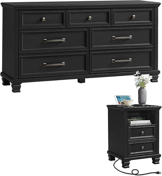 SAVOR LIFE Farmhouse Dresser and Nightstand Sets 2 Piece, 7 Drawer Dresser & 2 Drawer Nightstand Set, Rustic Wood Bedroom Furniture Set for Home, Bedroom, Hallway, Black