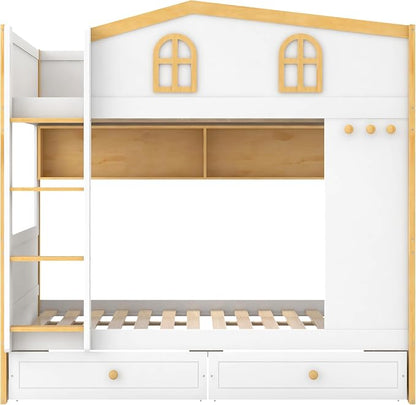 Bellemave Bunk beds Full Over Full with Twin Size Drawers, Low bunk Bed for Kids Adults and Teenagers，White