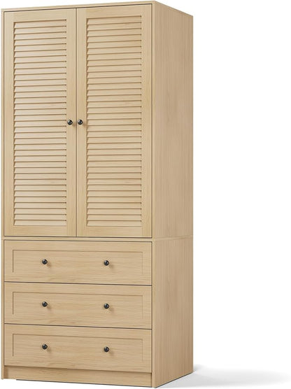Garvee 70" Wardrobe Armoire Wooden Closet with 2 Doors and 3 Drawers, Bedroom Armoire with Hanging Rod Shelf, Large Capacity Storage Wardrobe Armoire, Freestanding Wooden Closet Storage Cabinet