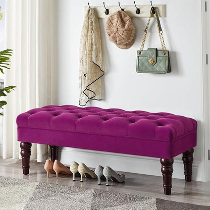 24KF Velvet Upholstered Buttons Tufted Entryway Bench with Solid Wood Leg,Bed Bench Ottoman with Padded Seat,5061N-Violet