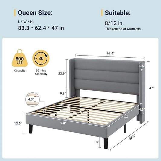 Allewie Queen Size Platform Bed Frame with Velvet Upholstered Wingback Headboard, No Box Spring Needed, Under Bed Storage Space, Strong Wooden Slats, Modern Mattress Foundation, Easy Assembly, Grey