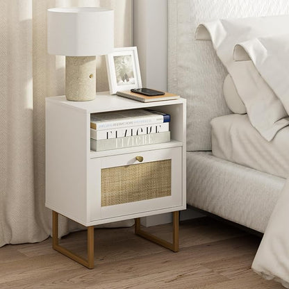 Masupu Rattan Nightstand,Modern Boho Farmhouse Wood Bedside Table with Storage Drawer and Open Shelf,Small Gold Frame Side End Table for Bedroom,Living Room,Office(White)