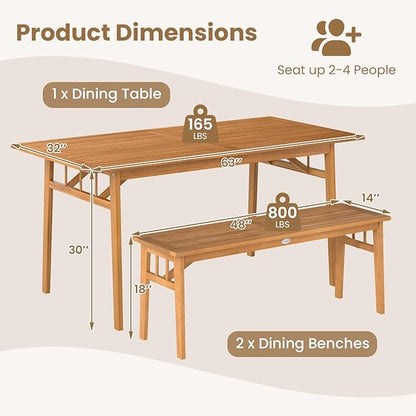 Tangkula 3 Pieces Patio Dining Set, Acacia Wood Space Saving Outdoor Rectangular Picnic Table with 1.97” Umbrella Hole and 2 Benches, for Yard, Garden and Poolside