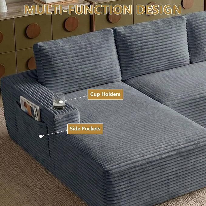 104" Cloud Sectional Couch L-Shaped with Side Pockets Cup Holders, Corduroy Boneless Couch for Living Room,Upholstered Deep-Seat Modular Sectional Sofa, No Assembly Required (Grey,Left Facing Chaise)