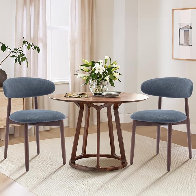 COLAMY Wooden Dining Chairs Set of 2, Modern Fabric Upholstered Dining Room Chair, Farmhouse Kitchen Side Chairs with Foot Pegs, Blue