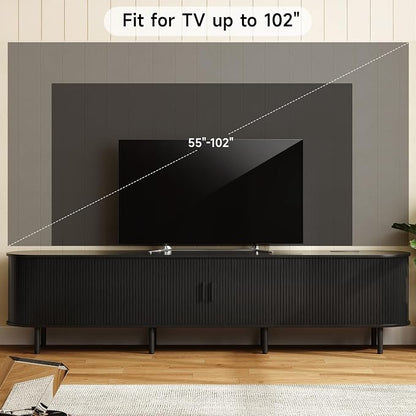 ONBRILL 94.5" TV Stand with Power Outlet for TVs up to 102 Inch, Entertainment Center with Storage and Adjustable Shelves, Modern Media Console with Sliding Doors for Living Room, Black