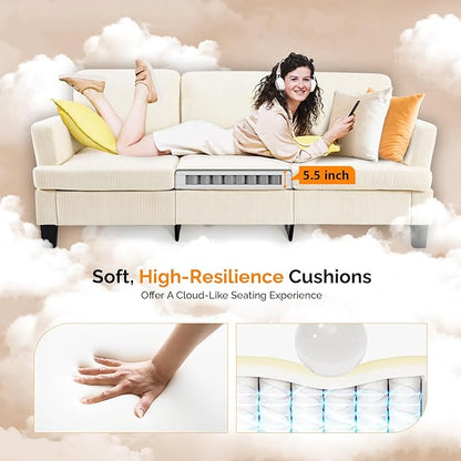 VINGLI Beige 83" Sofa Couches for Living Room, Corduroy Modern Comfy 3 Seater Couch 25.6" Deep Seat Upholstery Cozy Sofas for Small Space, Bedroom, Apartment, Home Office