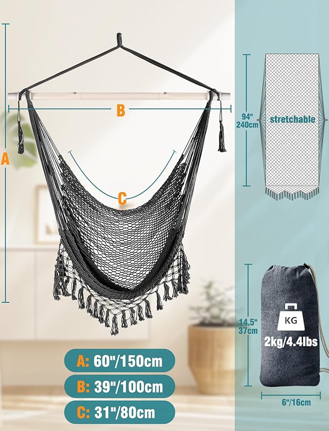 Chihee Hammock Chair Handmade Hanging Chair Cotton Rope Woven Hanging Seat Soft-Spun Large Stretch Hammock Swing, Collapsible Strong Metal Spreader Bar Elegant Macrame Comfort Indoor Outdoor Garden