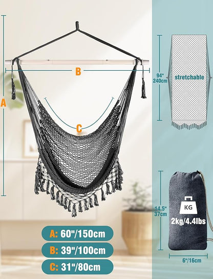 Chihee Hammock Chair Handmade Hanging Chair Cotton Rope Woven Hanging Seat Soft-Spun Large Stretch Hammock Swing, Collapsible Strong Metal Spreader Bar Elegant Macrame Comfort Indoor Outdoor Garden