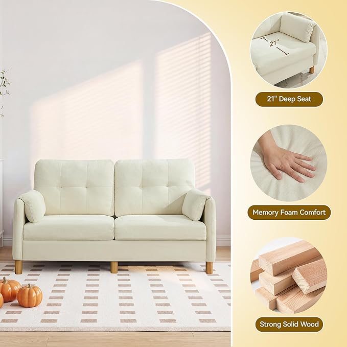 65" Loveseat Sofa, Mid Century Loveseat Couch for Living Room with Storage Pockets, Upholstered Small Loveseat for Small Spaces, Bedroom, Home Office, Apartments, Small Sofa Chenille Beige