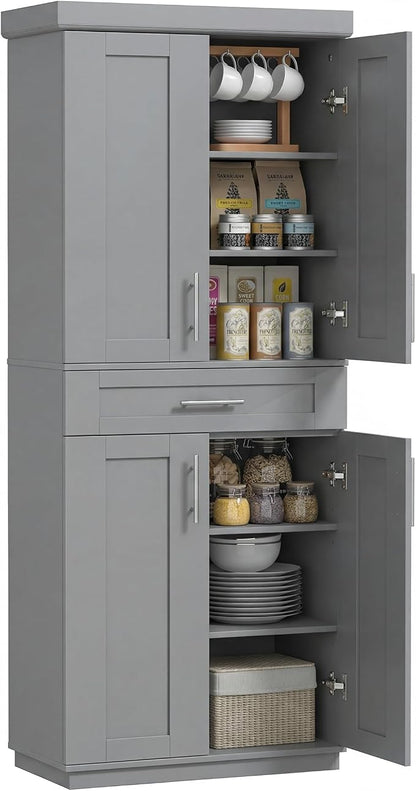 HOMCOM 72" Kitchen Pantry Cabinet, Freestanding Tall Storage Cabinet with 4 Doors, Drawer and 3 Adjustable Shelves for Dining Room, Gray