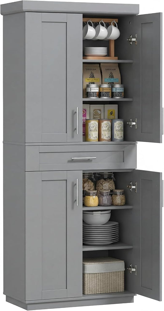 HOMCOM 72" Kitchen Pantry Cabinet, Freestanding Tall Storage Cabinet with 4 Doors, Drawer and 3 Adjustable Shelves for Dining Room, Gray